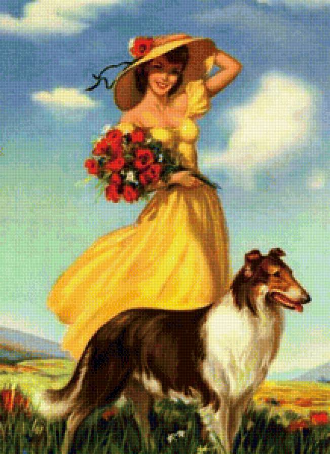 Прогулка - собаки, люди, картина, природа - предпросмотр