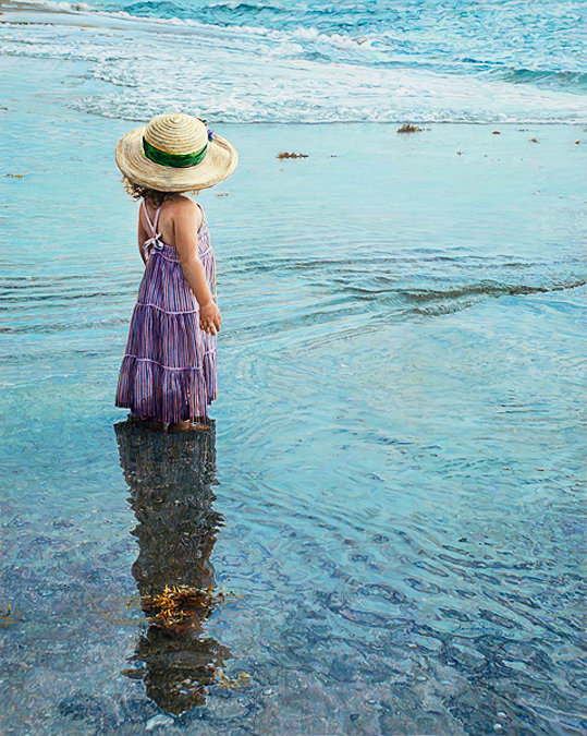 Малышка и море - морской пейзаж, ребенок, живопись, соломенная шляпка, малышка, море - оригинал