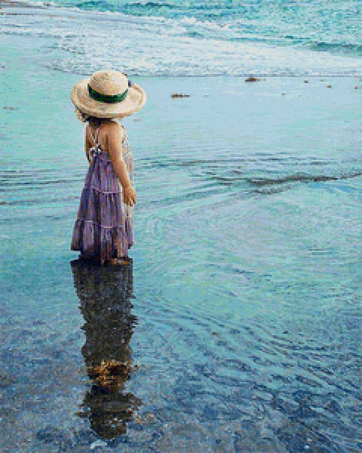 Малышка и море - морской пейзаж, ребенок, живопись, соломенная шляпка, малышка, море - предпросмотр