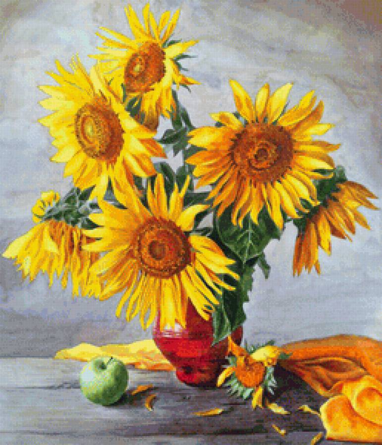 Подсолнухи и яблоко - цветы в вазе, букет, подсолнухи, цветы, для кухни, натюрморт, яблоко - предпросмотр