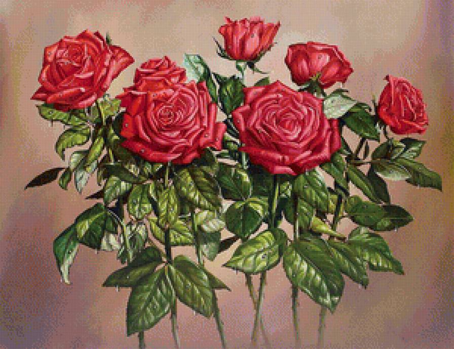 Алые розы - натюрморт, красные розы, красные цветы, розы, живопись, букет, цветы - предпросмотр
