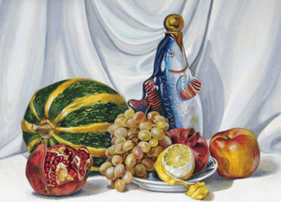 Натюрморт - арбуз, натюрморт, фрукты, виноград, гранат - предпросмотр