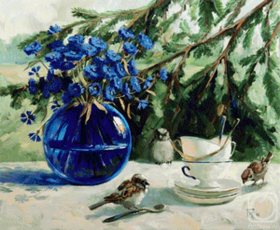 Павлова М. Воробьи - цветы, натюрморт, птицы - предпросмотр