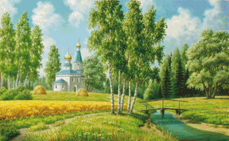 Родные просторы - мостик, лес, ели, сосны, летний пейзаж, река, церковь, лето, березы, поле - предпросмотр