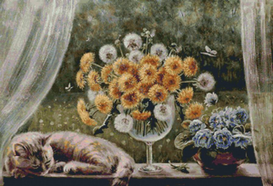 Кошка на окошке - кошки, цветы, натюрморт, животные - предпросмотр