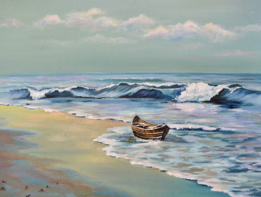 Одинокая лодка - море, лодка, живопись, пейзаж, картина - оригинал