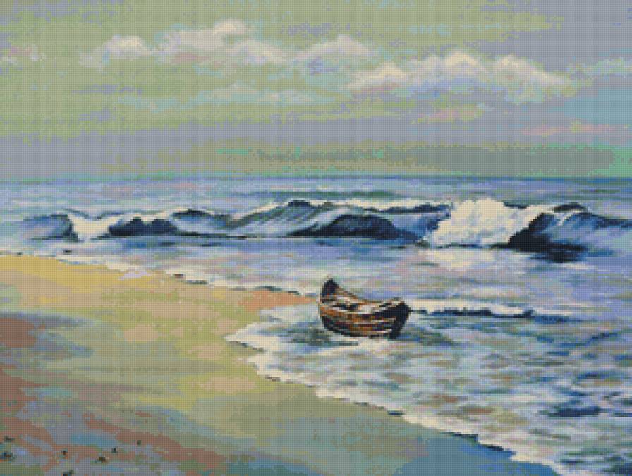 Одинокая лодка - картина, пейзаж, море, живопись, лодка - предпросмотр
