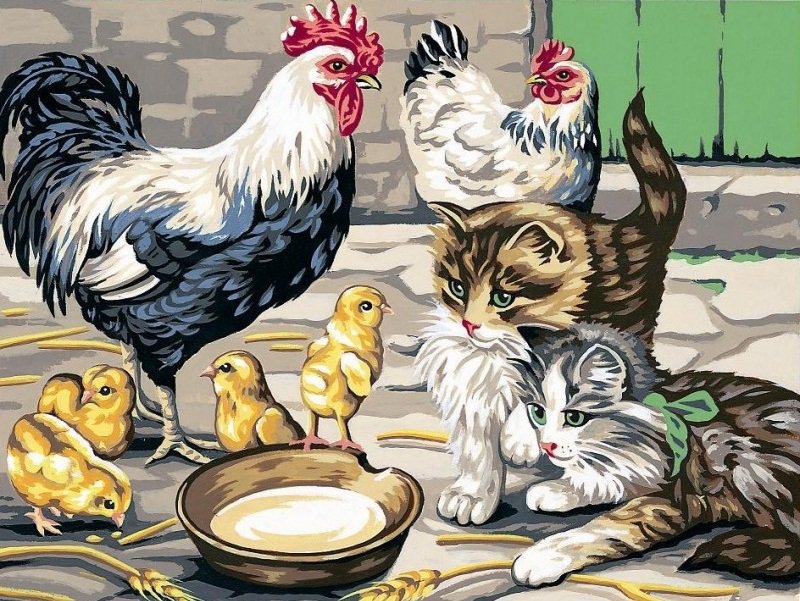 во дворе - курица, цыплята, котята, петух - оригинал