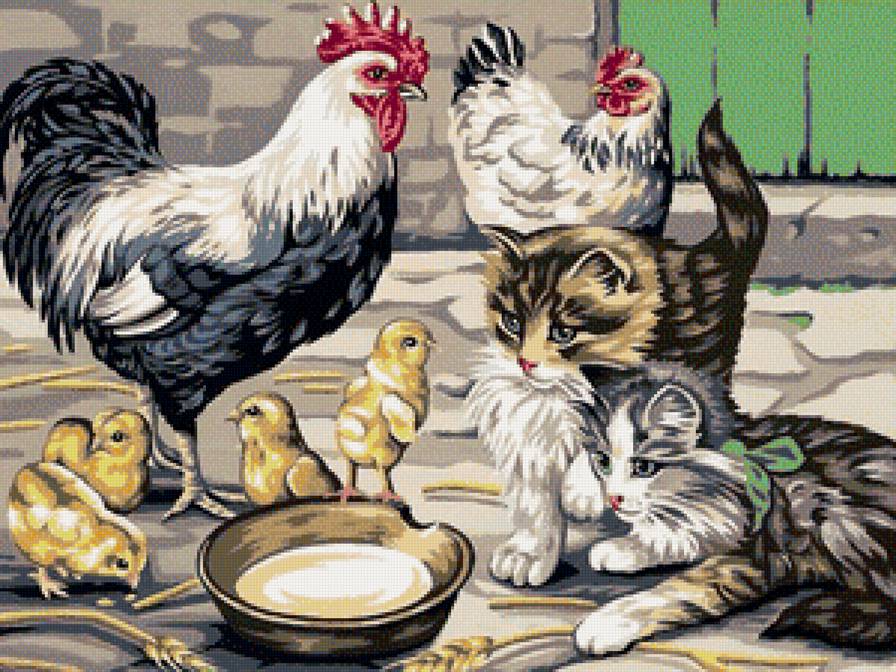 во дворе - петух, цыплята, курица, котята - предпросмотр