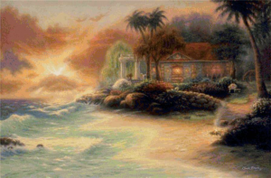 Закат - пейзаж, дом, цветы, вода - предпросмотр