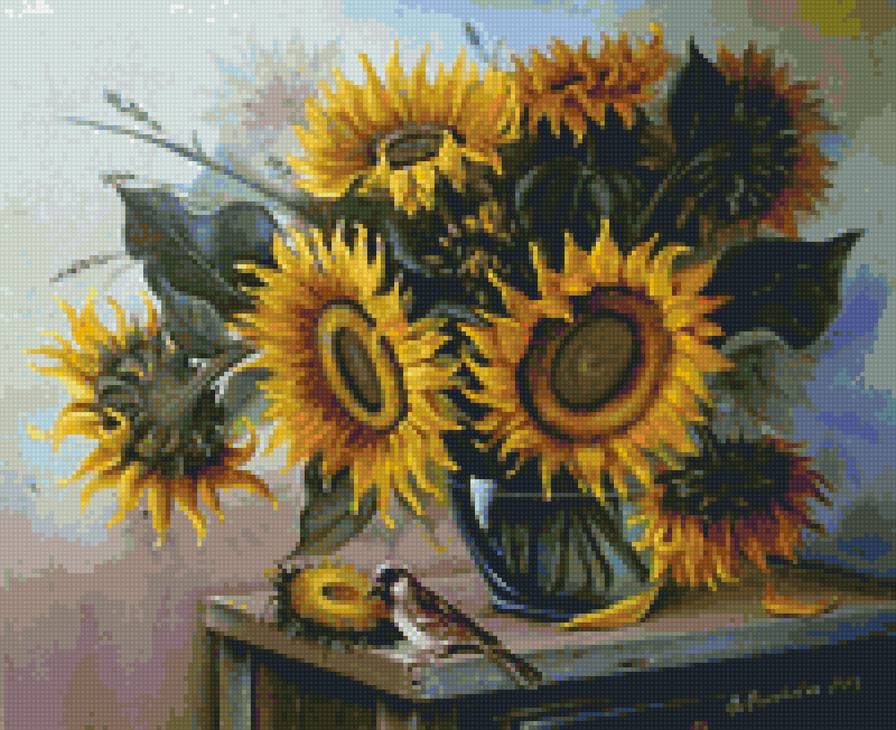 Подсолнухи и воробей - птицы, цветы, подсолнухи, натюрморт - предпросмотр