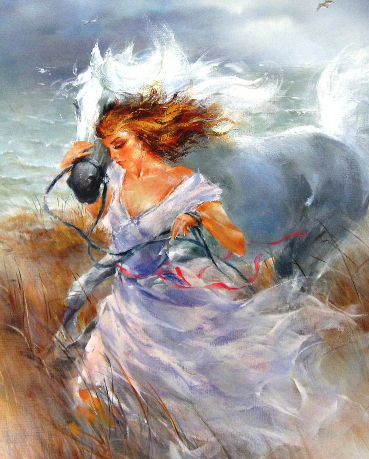 Девушка с лошадью - лошади, люди, картина - оригинал