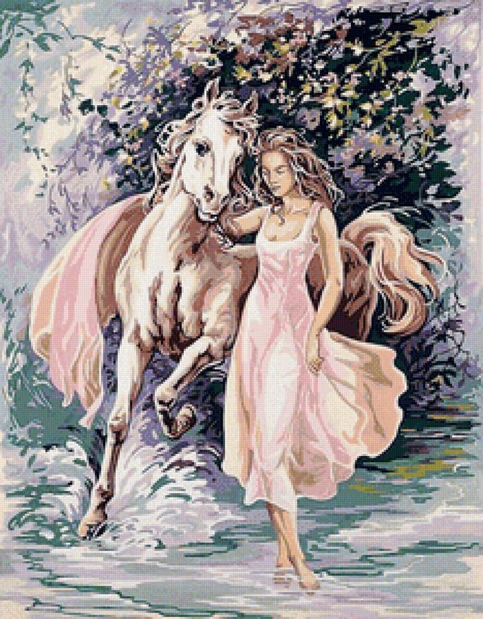 девушка с лошадью - люди, лошади, картина - предпросмотр