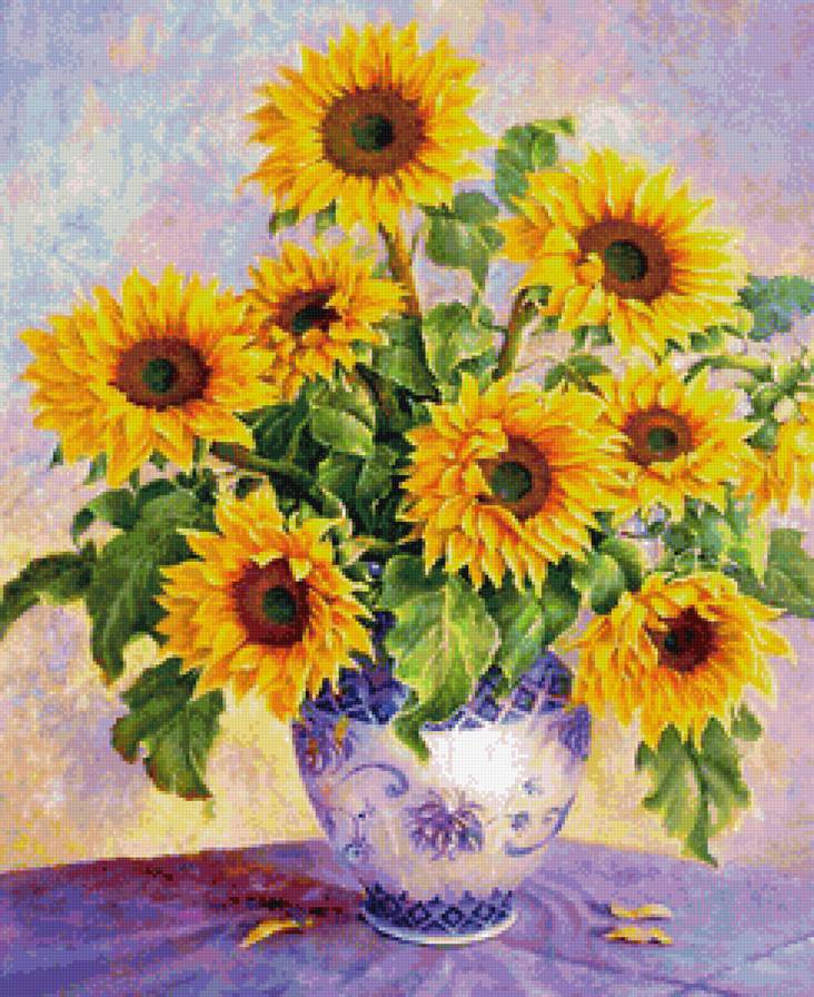 Солнечный букет - подсолнухи, цветы в вазе, букет, живопись, натюрморт, желтые цветы - предпросмотр