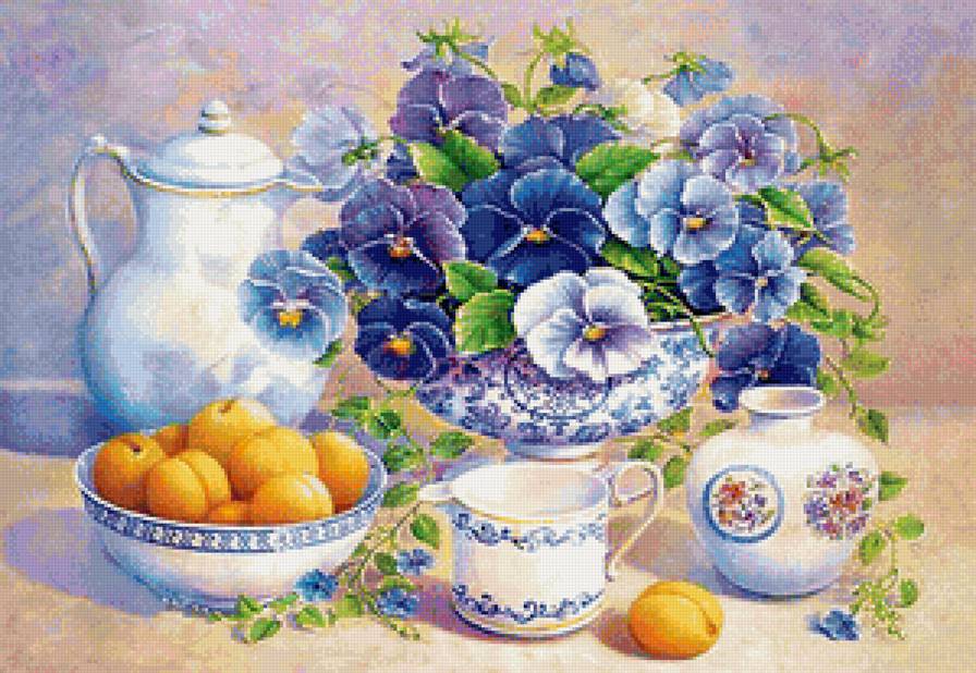 Натюрморт с абрикосами - чайный сервиз, натюрморт, абрикосы, анютки, для кухни, анютины глазки - предпросмотр