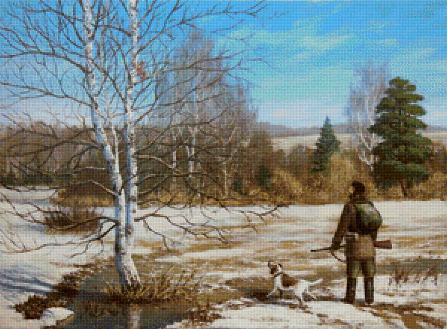 Худ. Пьянов Ю. - природа, весна, охотник, охота, собака - предпросмотр