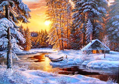 зимний вечер - пейзаж, река, зима, лес, русская природа - оригинал