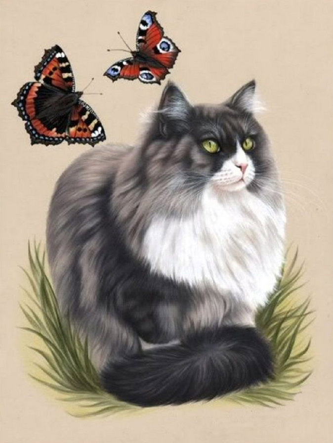 Худ. Гармашова Ирина - кошка, бабочки, кот - оригинал