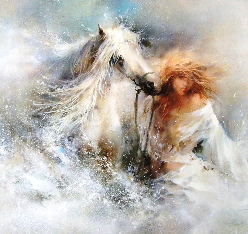 Девушка с лошадью - лошади, люди, картина - оригинал