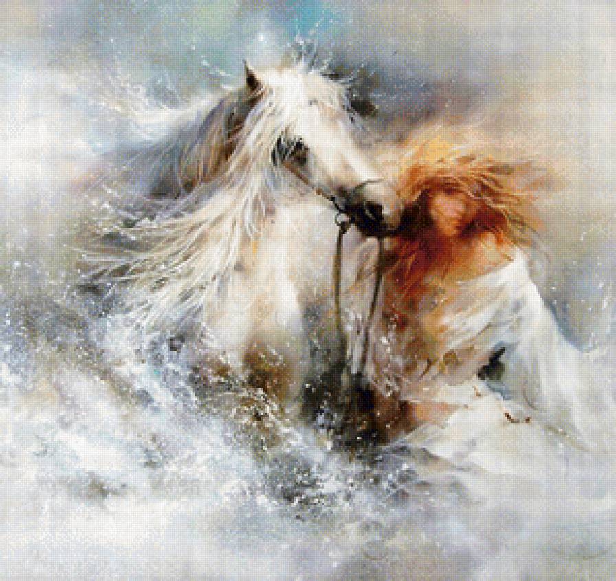 Девушка с лошадью - картина, лошади, люди - предпросмотр