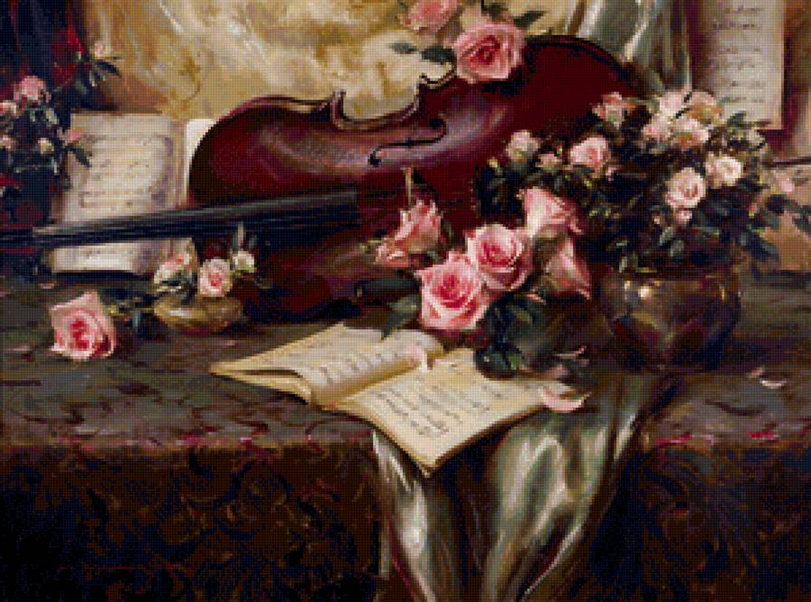 Натюрморт. Американский художник Daniel F.Gerhartz - розы, натюрморт, скрипка - предпросмотр