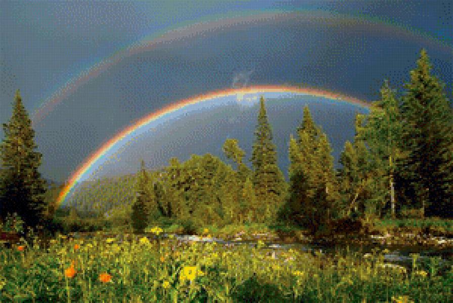 Радуга - горы, цветы, огоньки, радуга - предпросмотр