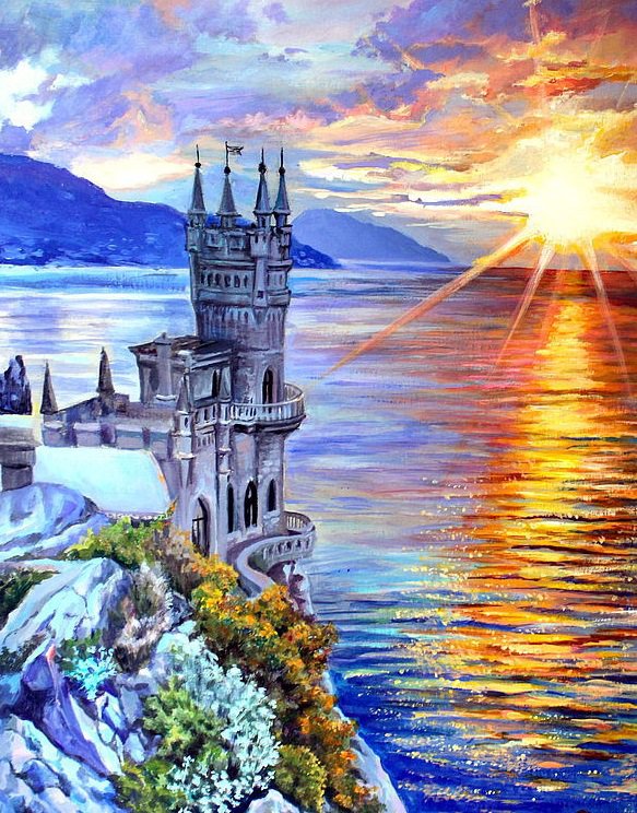 Закат в Ялте - ялта, горы, замок, лето, море, ласточкино гнездо, морской пейзаж, закат - оригинал