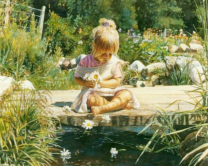 Безмятежность - ромашки, природа, река, дети, ребенок, девочка - оригинал