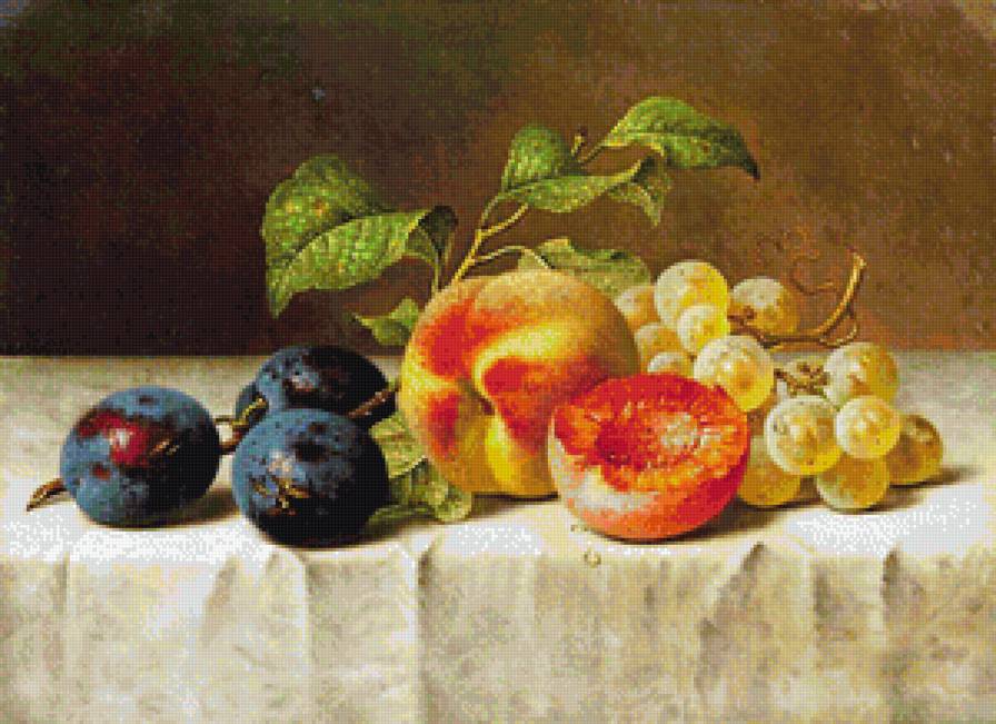 Фруктовый натюрморт - фрукты, сливы, персики, абрикосы, виноград, натюрморт, ягоды, для кухни - предпросмотр
