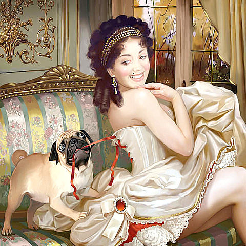 дама с собачкой - дама. собака.мопс. - оригинал