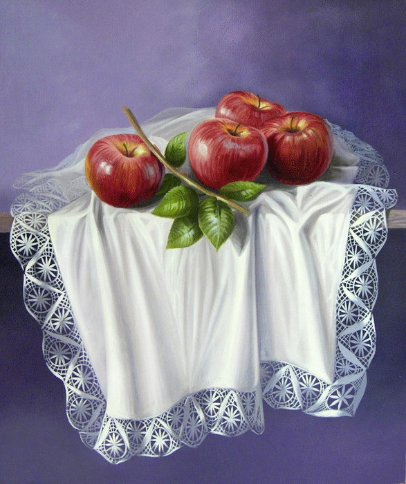 Натюрморт с яблоками - салфетка, листья, скатерть, для кухни, яблоки, натюрморт, фрукты, ажур - оригинал