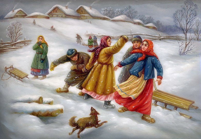 зимние забавы - зима, федоскинская роспись, люди - оригинал