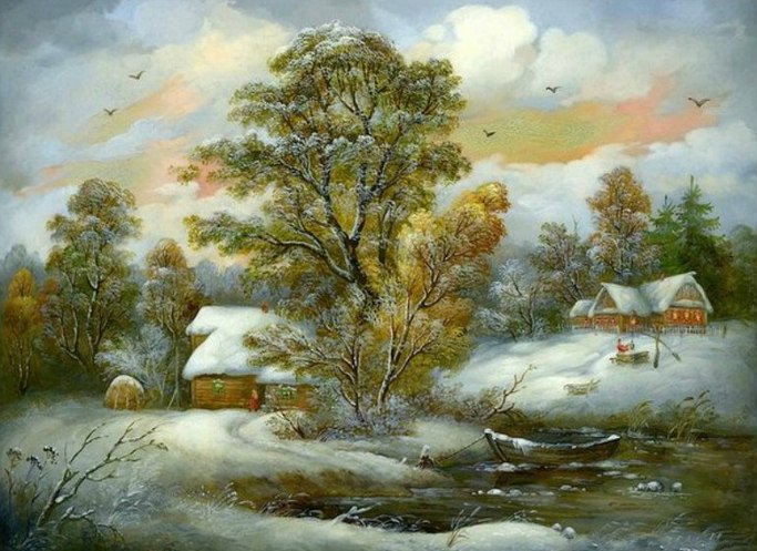 зимний пейзаж - федоскинская роспись, зима, пейзаж - оригинал