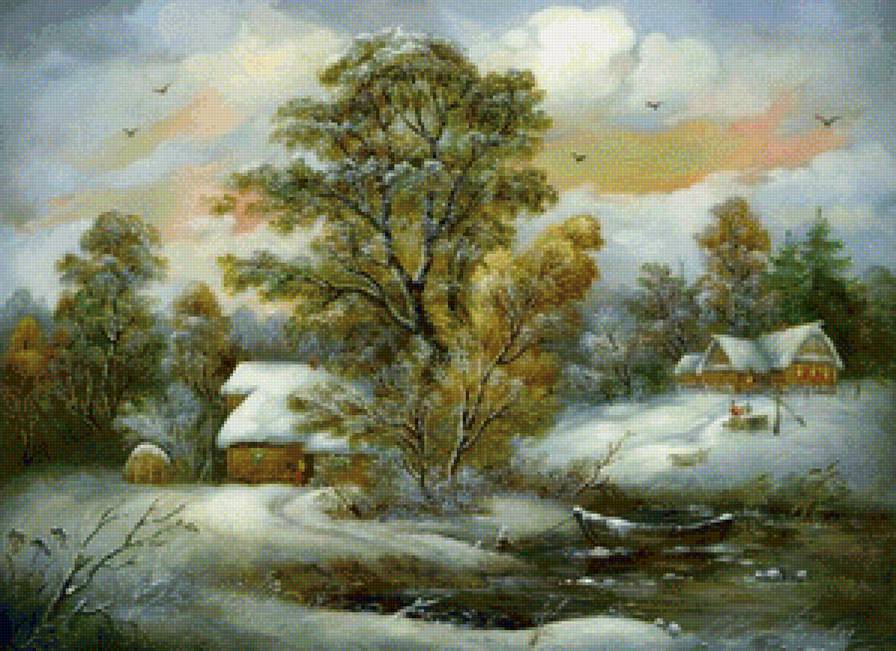 зимний пейзаж - федоскинская роспись, пейзаж, зима - предпросмотр