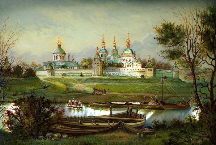 Пейзаж с храмом - пейзаж, федоскинская роспись, храм - оригинал