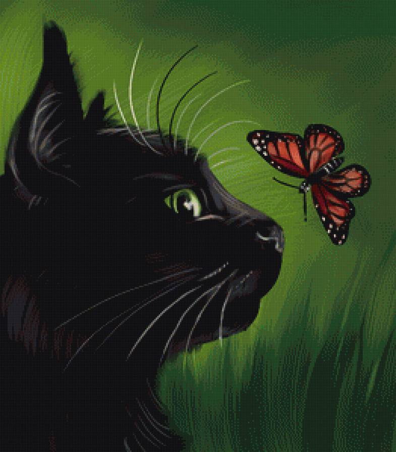 Черный кот с бабочкой - кот, бабочка, животные - предпросмотр