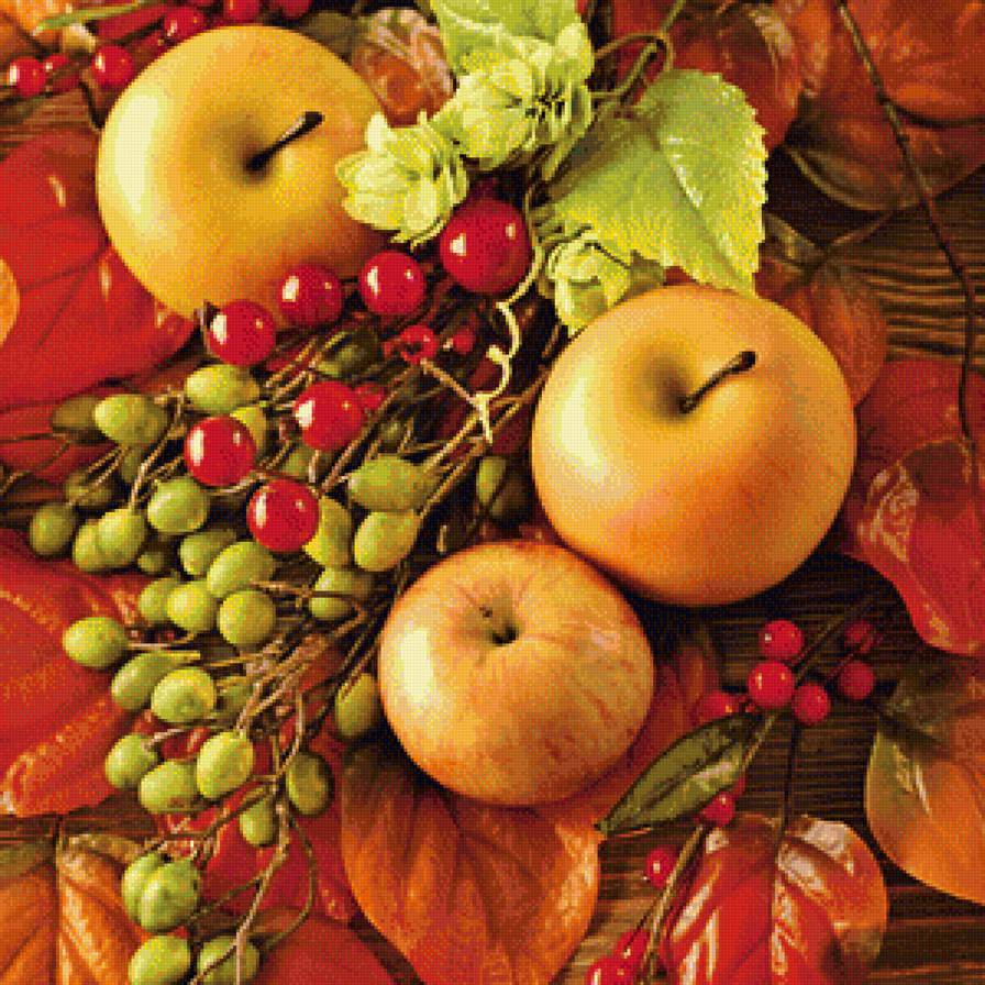 Осенний натюрморт - яблоки, фрукты, натюрморт, осенние листья, осень - предпросмотр