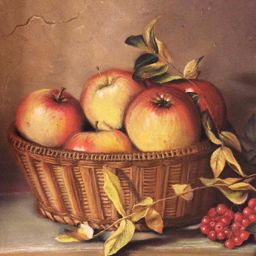 Натюрморт с яблочками и рябиной - яблоки, натюрморт, лукошко, для кухни, ягоды, рябина, корзинка, фрукты - оригинал