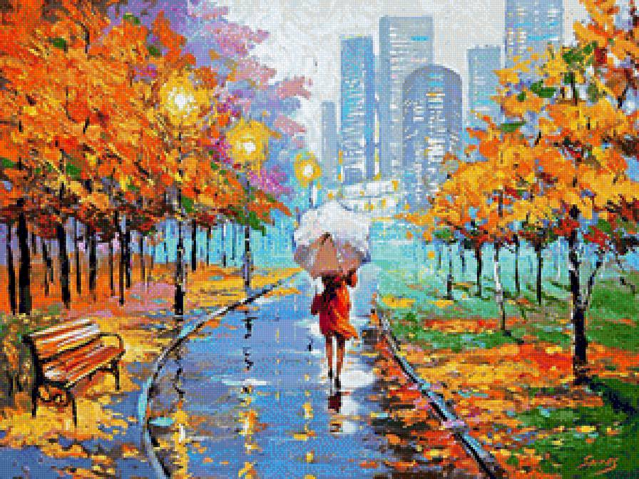Farewell to autumn - пейзаж, живопись, осень, дождь, женщина, парк - предпросмотр