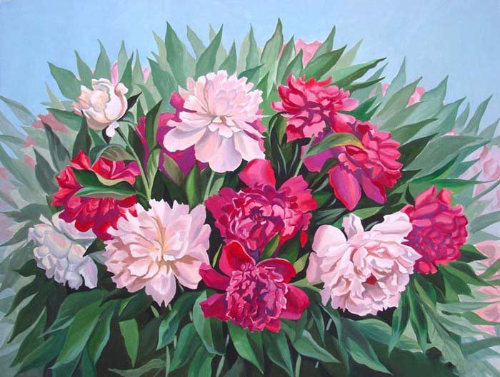 Букет пионов - панель, панно, пионы, букет, белые цветы, красные цветы, розовые цветы - оригинал