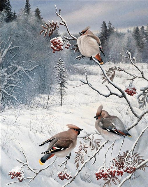 птички на рябине - зима, лес, природа - оригинал