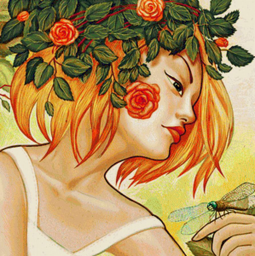 Девушка-лето - девушка, красавица, женщина, лето, стрекоза, цветы, розы - предпросмотр