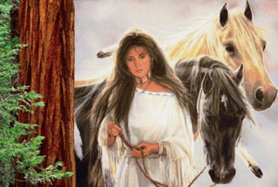 Девушка и лошади - лошади, картина, люди - предпросмотр