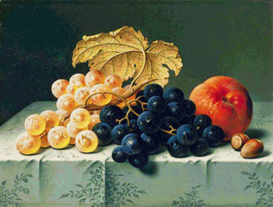 Сладкий натюрморт - натюрморт, фрукты, виноград, для кухни, ягоды, персики, орехи, живопись - предпросмотр