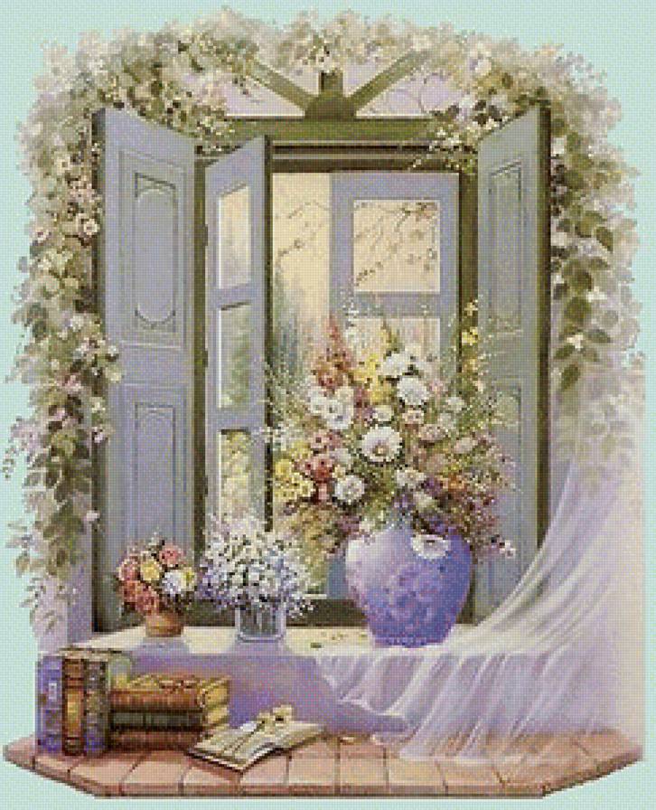 уютное утро - цветы, картина, окно, лето, уют - предпросмотр