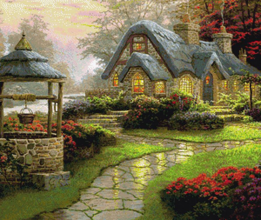 Дом с колодцем после дождя - колодец, дом, сад - предпросмотр