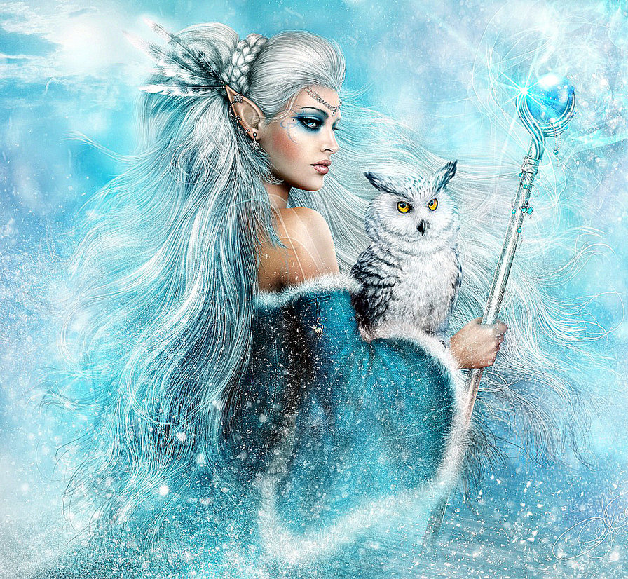 Эльфийка - эльф. девушка. сова. зима.фентези - оригинал