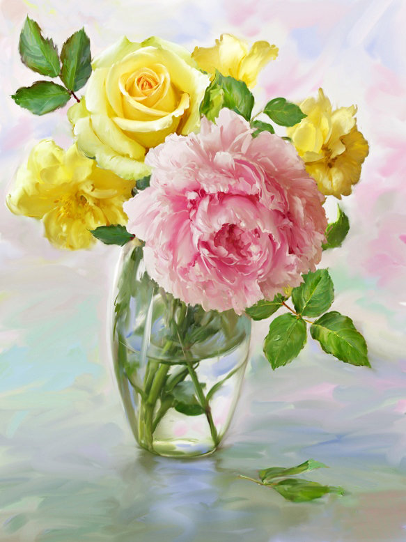 Розы и пион - цветы в вазе, розы, пионы, цветы, розовые цветы, желтые цветы, букет - оригинал