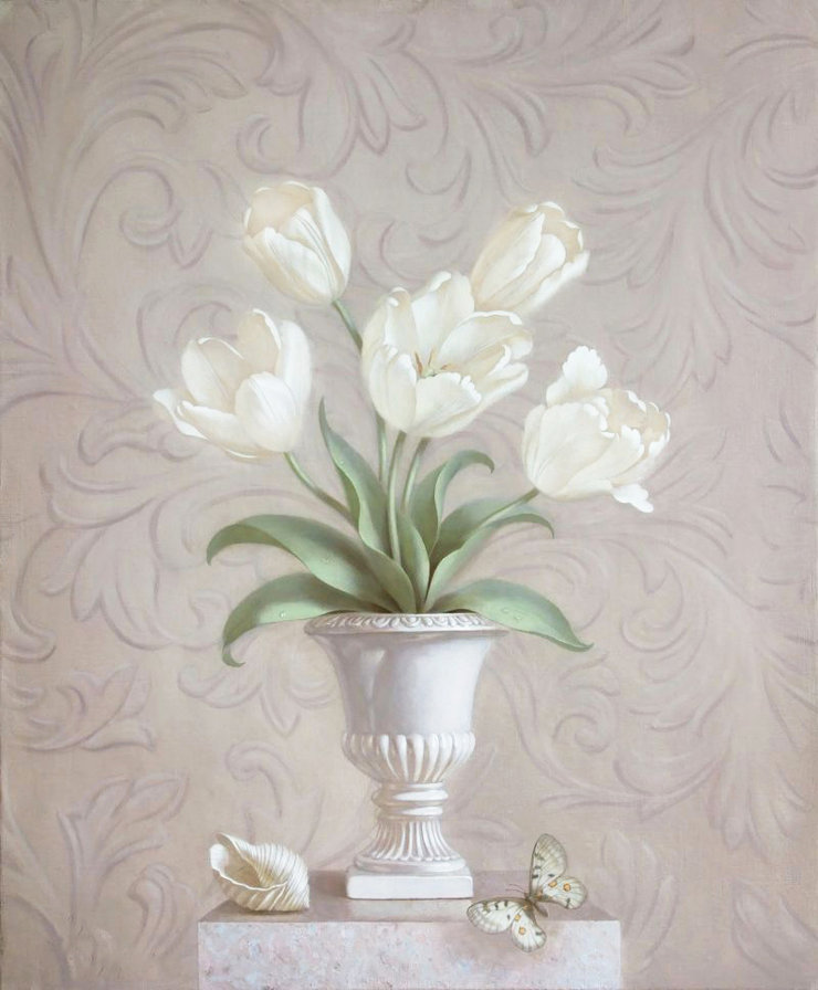 Натюрморт в белых тонах - тюльпаны, ракушки, белые цветы, бабочки, цветы в вазе, натюрморт - оригинал