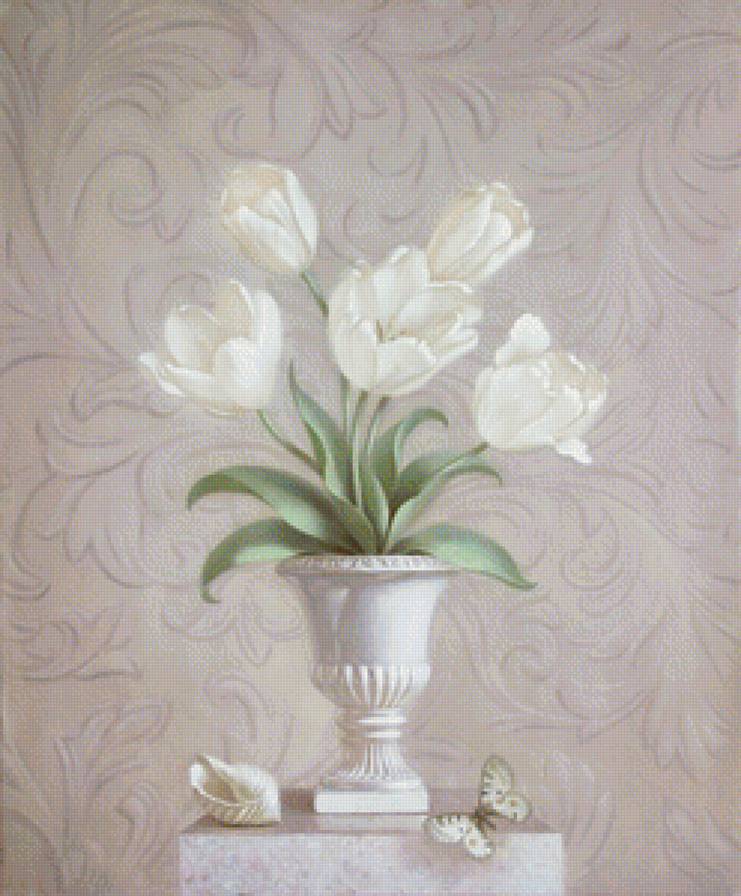 Натюрморт в белых тонах - белые цветы, цветы в вазе, натюрморт, тюльпаны, бабочки, ракушки - предпросмотр